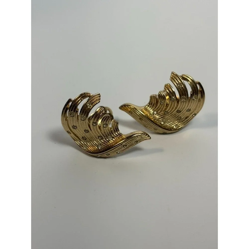 Earrings Statement‎ Pieces Vintage Elegant Gold Tone Rhinestone Feather
